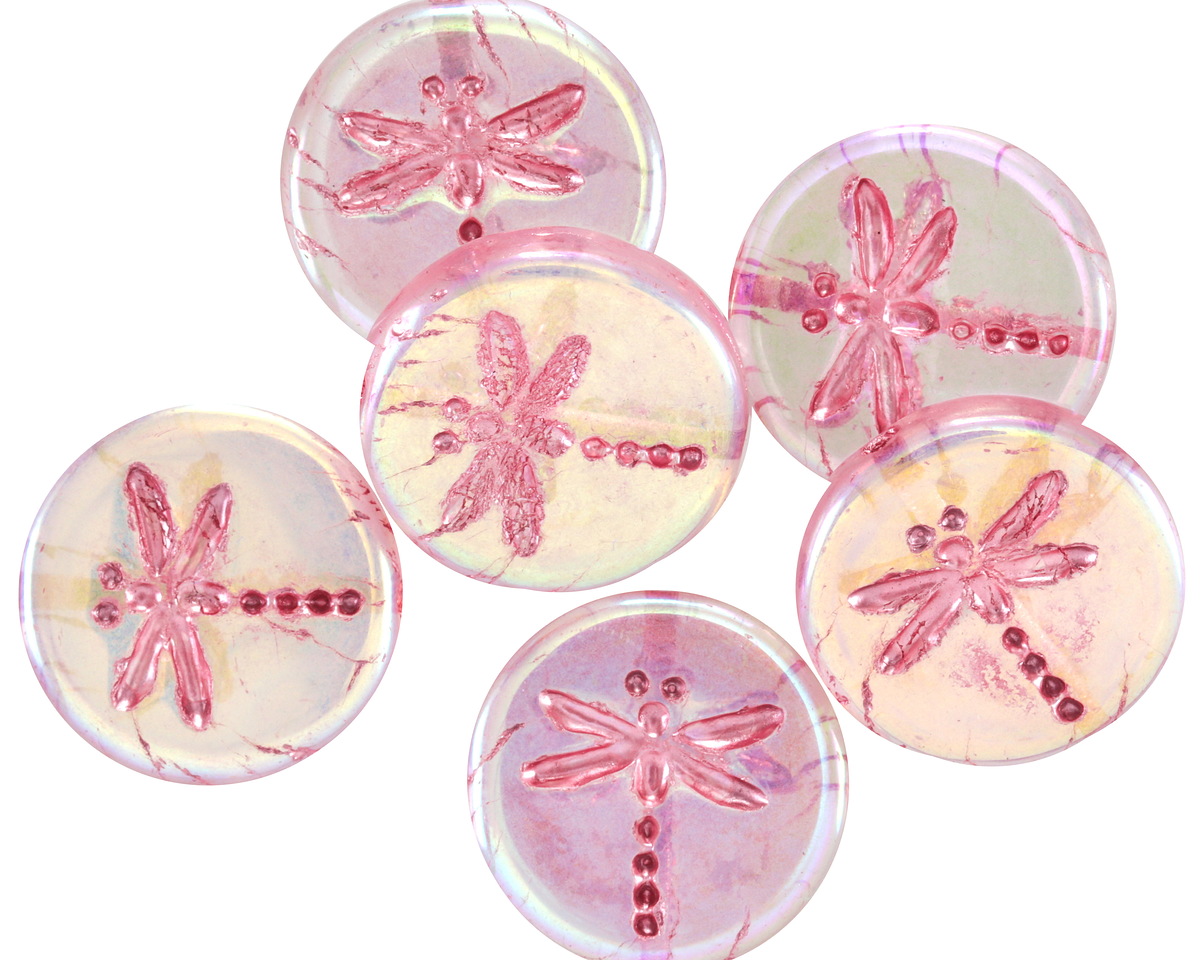 Czech Glass Crystal AB w/ Metallic Pink Dragonfly Coin 17mm