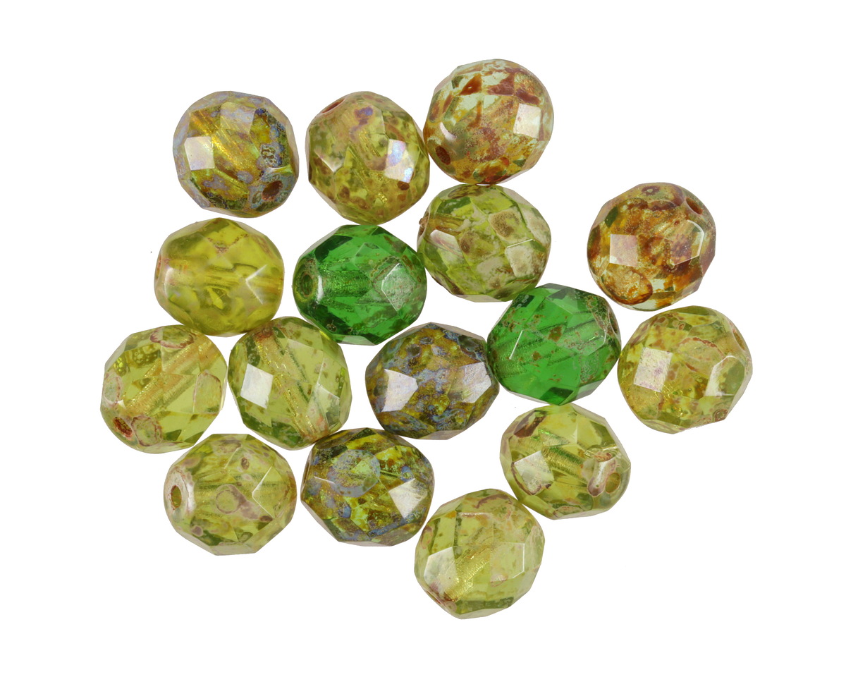 Czech Glass Greens Picasso Mix Fire Polished Round 8mm