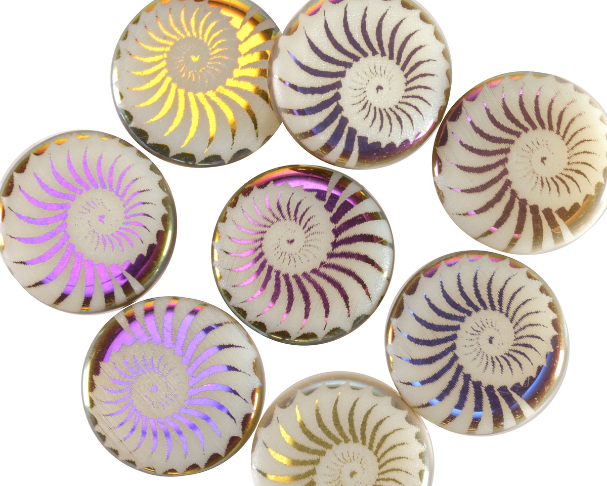 Czech Glass Laser Etched Spiral Ammonite on White w/ Metallic Rainbow Finish Coin 14mm