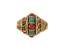 Nepalese Brass Bands w/ Turquoise & Coral Alternating Dots & Coral Bands Large Rice Bead 21x17mm