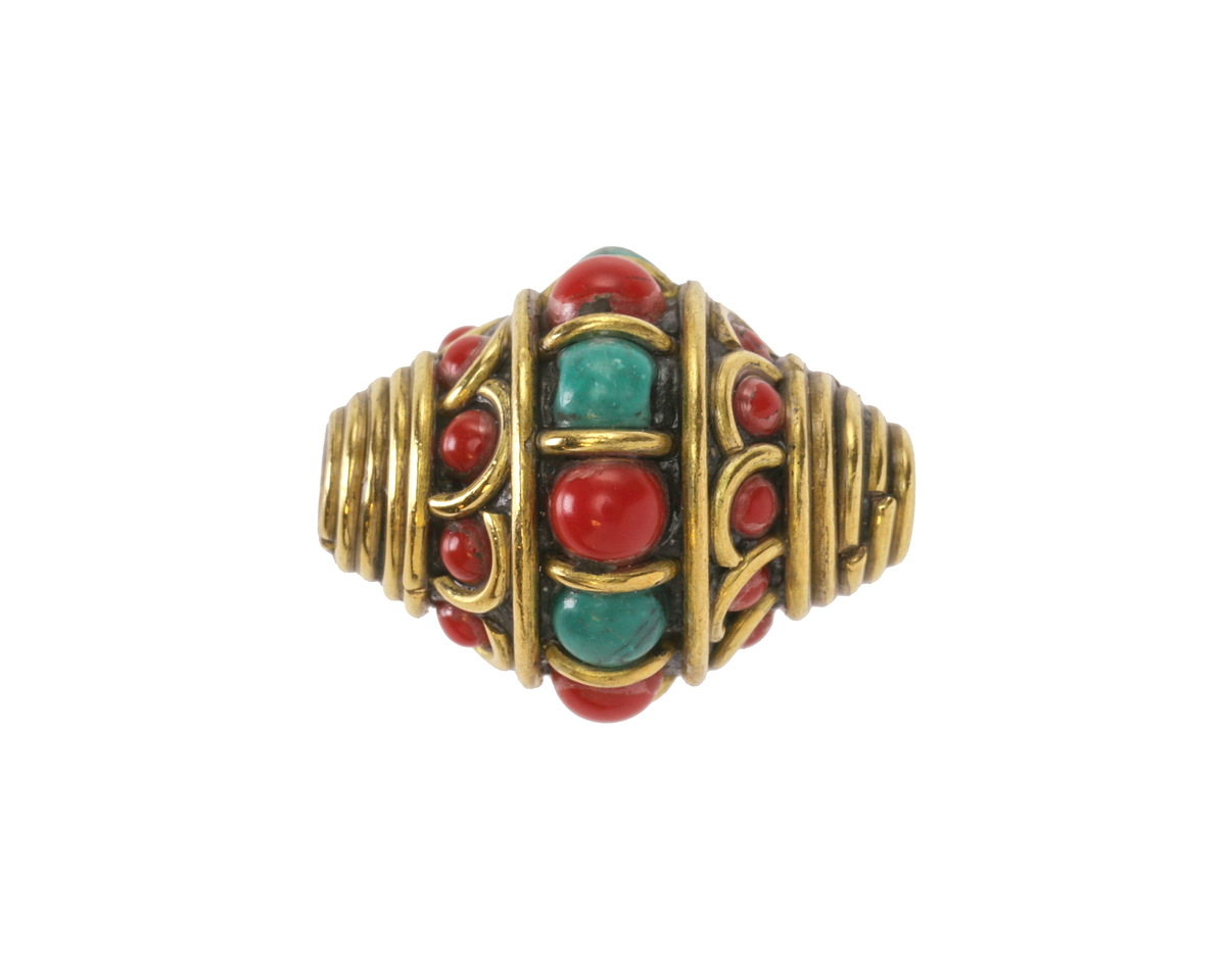 Nepalese Brass Bands w/ Turquoise & Coral Alternating Dots & Coral Bands Large Rice Bead 21x17mm