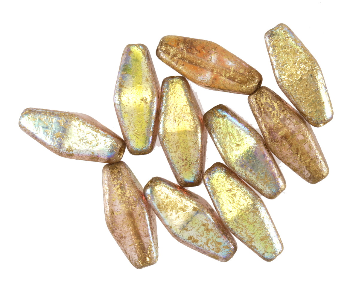 Czech Glass Textured Light Rose AB w/ Gold Rhombus 14x7mm
