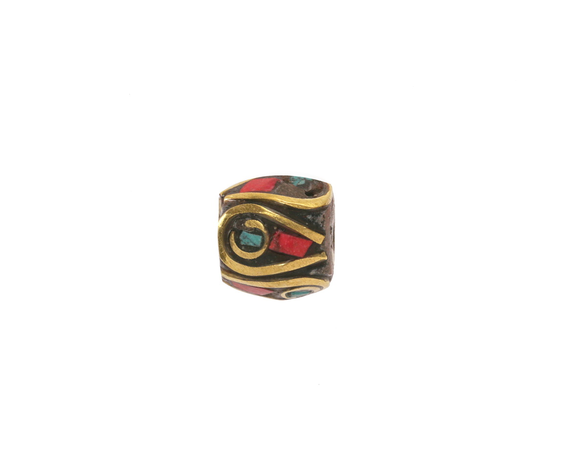 Nepalese Brass Bead w/ Turquoise Dots & Coral Mosaic Plumes 8x9mm