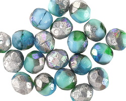 Czech Glass Textured Aquamarine Waters AB w/ Silver Fire Polished Round 8mm