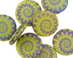 Czech Glass Laser Etched Ammonite on Wasabi Green w/ Rainbow Finish Coin 16mm