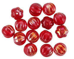 Czech Glass Ruby Red w/ Gold Luster Melon Round 8mm