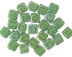 Czech Glass Laser Etched Ammonite on Transparent Matte Tourmaline Green w/ AB Finish 2-Hole Tile 6mm