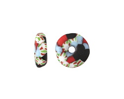 African Recycled Glass & Seed Bead Aqua w/ Red & Black Mini Donut 4-5x13-14mm