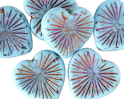 Czech Glass Sky Blue w/ Rainbow Metallic Starburst Heart 22mm