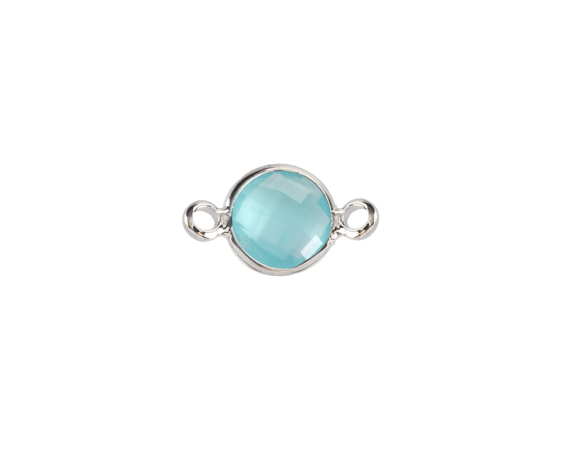 Sea Blue Opal Crystal Round Link in Silver Finish Bezel 14.5x8.5mm