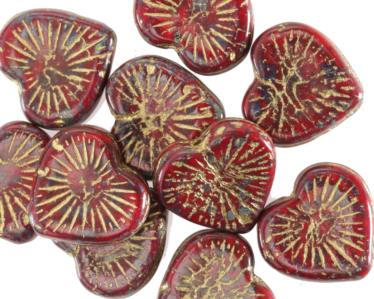 Czech Glass Ruby Red Picasso w/ Gold Wash Starburst Heart 14mm
