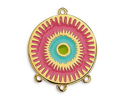 24K Gold (plated) Pink, Turquoise & Lime Enamel Radiating Sun 1-3 Chandelier Focal Link 26x32mm