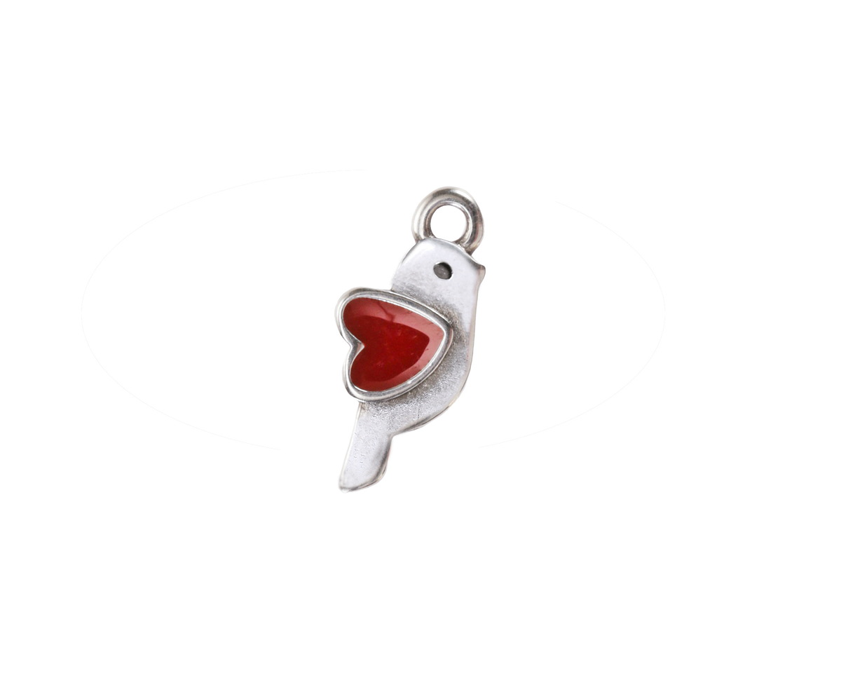 Antique Silver (plated) Red Enamel Love Bird Focal 12x13.5mm