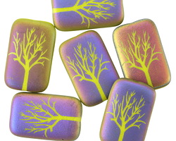 Czech Glass Etched Tree on Matte Wasabi w/ Rainbow Finish Rectangle 19x12mm