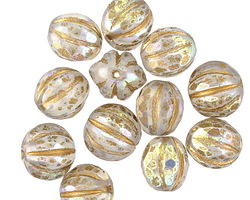 Czech Glass White Opal AB w/ Gold Faceted Melon Round 10mm