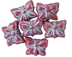Czech Glass Metallic Pink Guava w/ Sky Blue Butterfly Bead 12x15mm