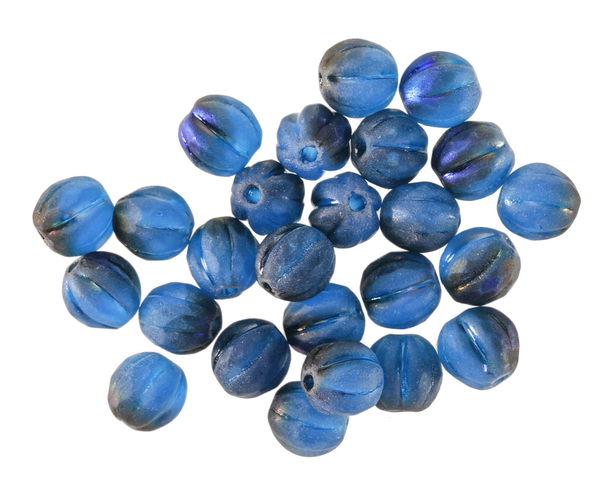 Czech Glass Matte Pacific Blue w/ Iris Luster & Blue Faceted Melon Round 6mm