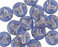 Czech Glass Matte Sapphire w/ Platinum Wash Bird Coin 12mm