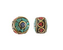 Nepalese Brass w/ Lapis, Turquoise & Coral Mosaic Eye Coin Bead 18x8mm
