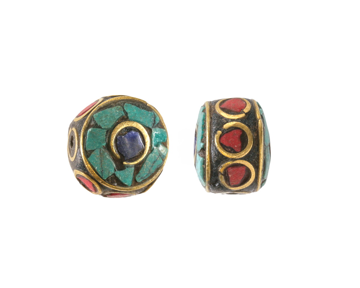 Nepalese Brass w/ Lapis, Turquoise & Coral Mosaic Eye Coin Bead 18x8mm