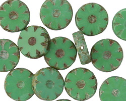 Czech Glass Grass Green Picasso Flower Window Coin 12mm