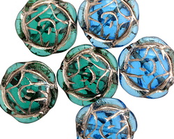 Czech Glass Ocean Blues w/ Platinum Garden Rose 16mm