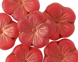 Czech Glass Etched Ruby Red w/ Copper Wash Hibiscus Coin 22mm