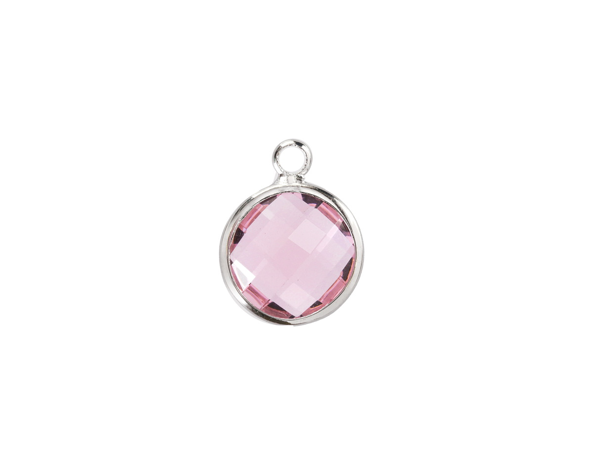 Rose Pink Crystal Round Drop in Silver Finish Bezel 12.8x16.5mm