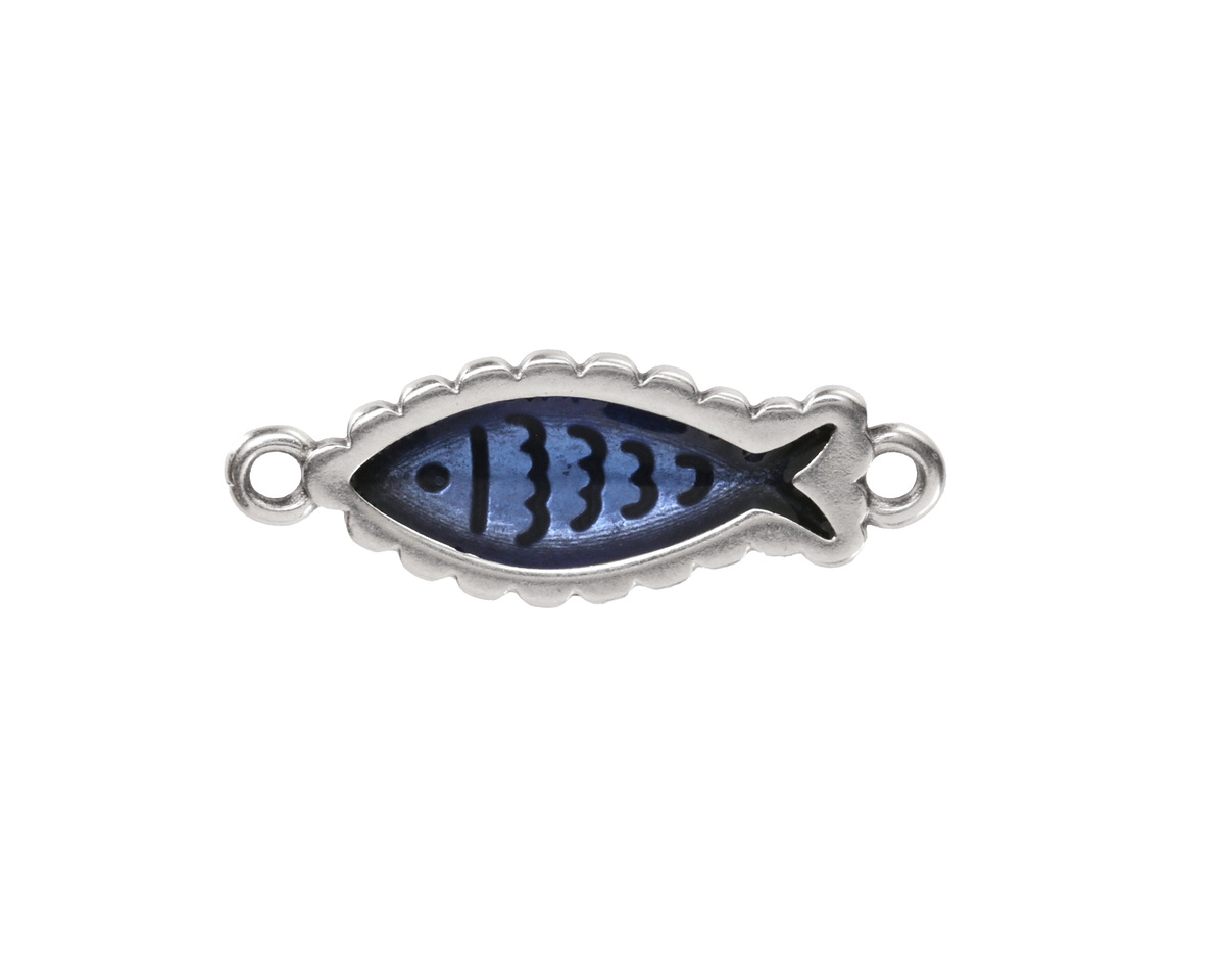 Antique Silver (plated) Transparent Navy Blue Enamel Fish Focal Link 27x10mm