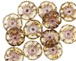 Czech Glass Crystal Picasso w/ Pink Hibiscus Coin 12mm