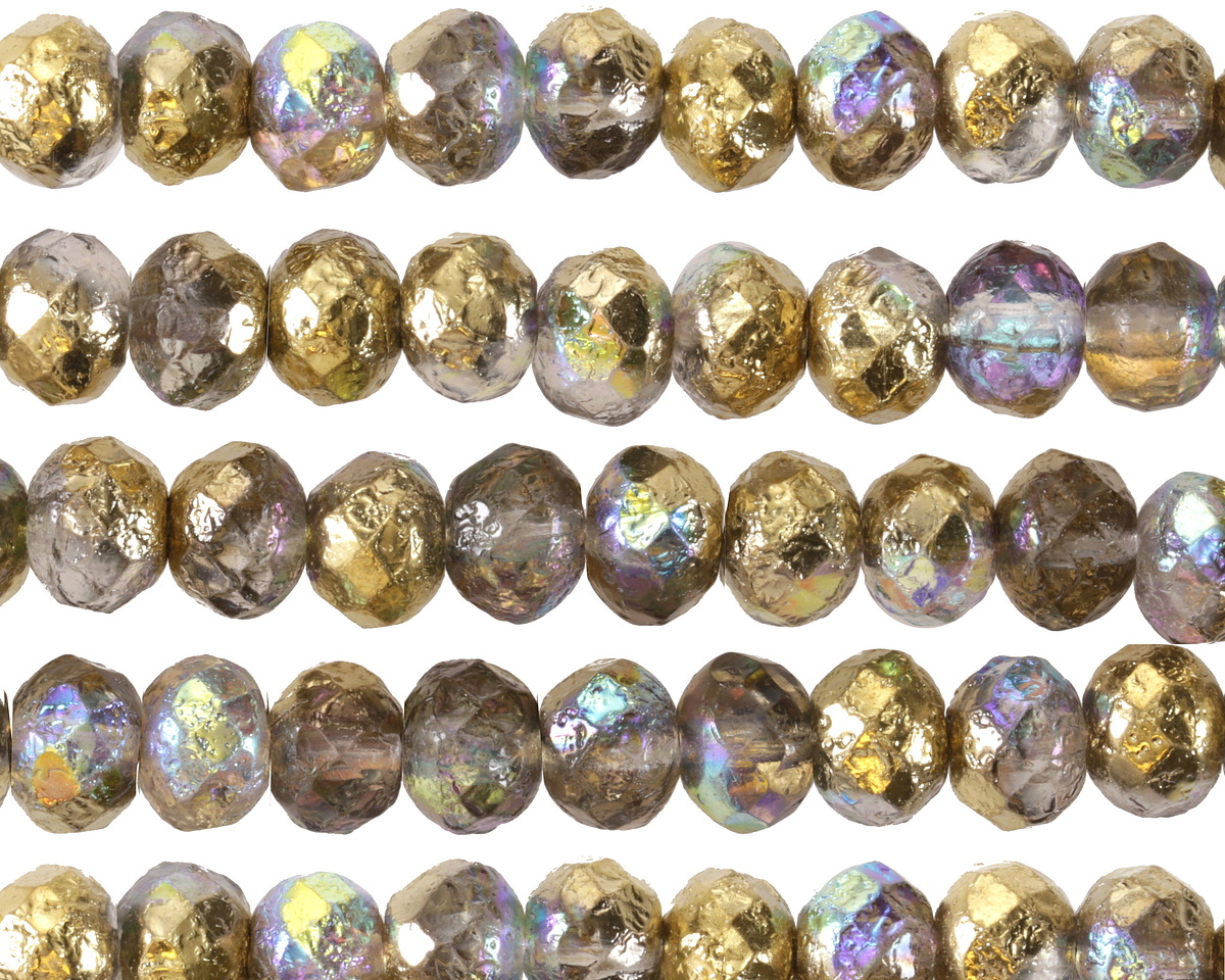 Czech Glass Etched Crystal AB w/ Gold & Silver Luster Fire Polished Rondelle 5x7mm