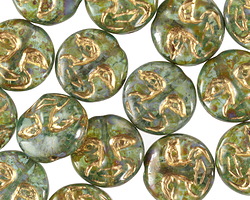 Czech Glass Aqua Picasso w/ Gold Moon Face 13mm