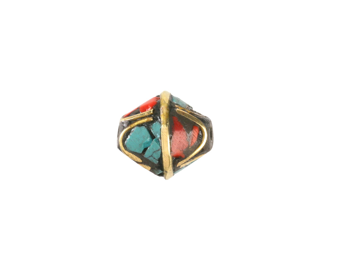 Nepalese Brass Arches w/ Turquoise & Coral Mosaic Bicone 13x12mm