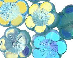 Czech Glass Transparent Cyan w/ AB Finish Hibiscus Coin 22mm