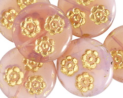 Czech Glass Pink Opal w/ Gold Flower Trio Coin Bead 21mm