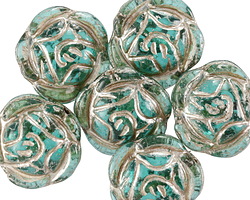 Czech Glass Island Blue w/ Platinum Garden Rose 16mm