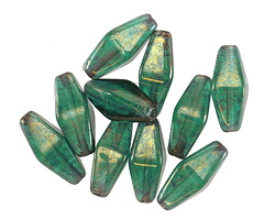 Czech Glass Emerald w/ Gold Luster Rhombus 14x7mm