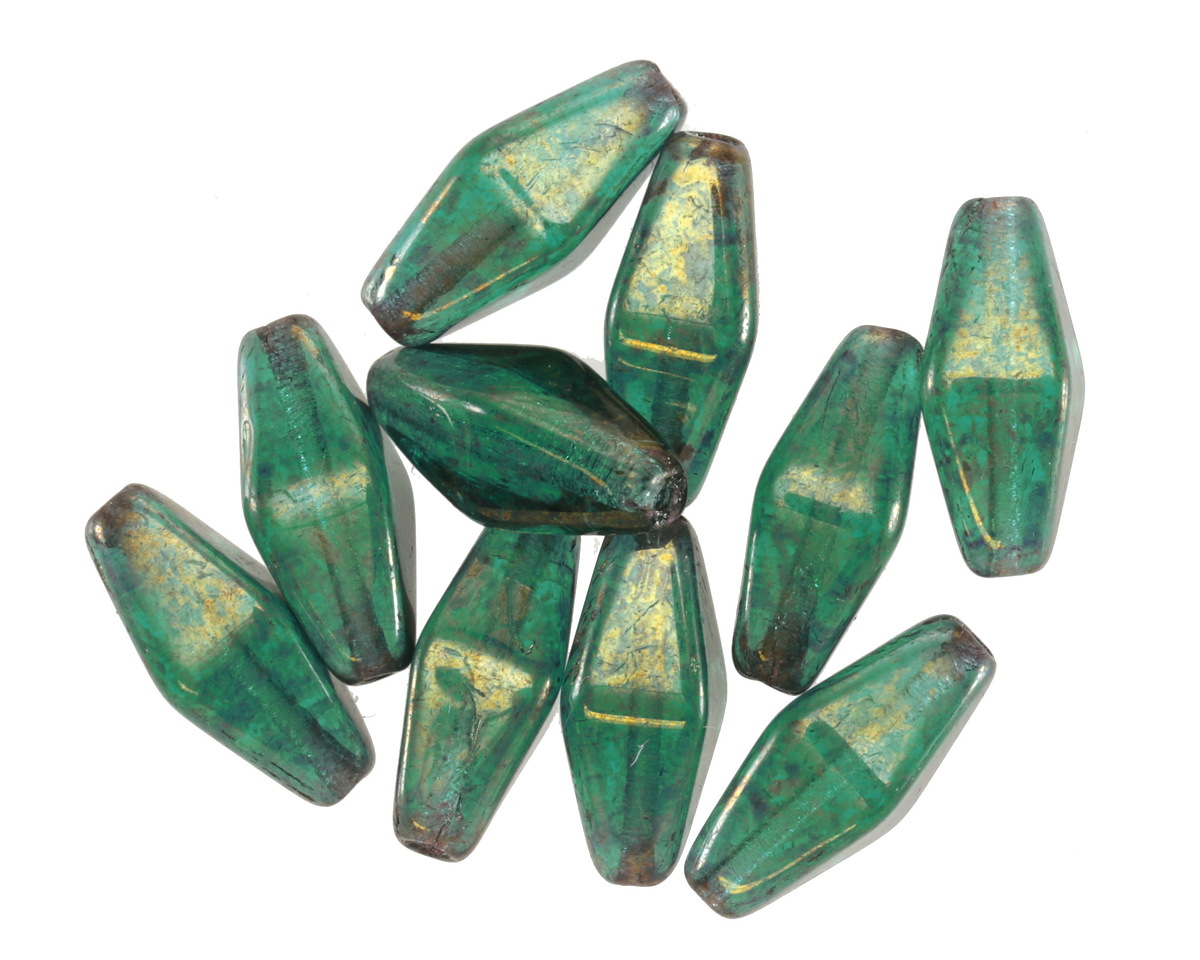 Czech Glass Emerald w/ Gold Luster Rhombus 14x7mm