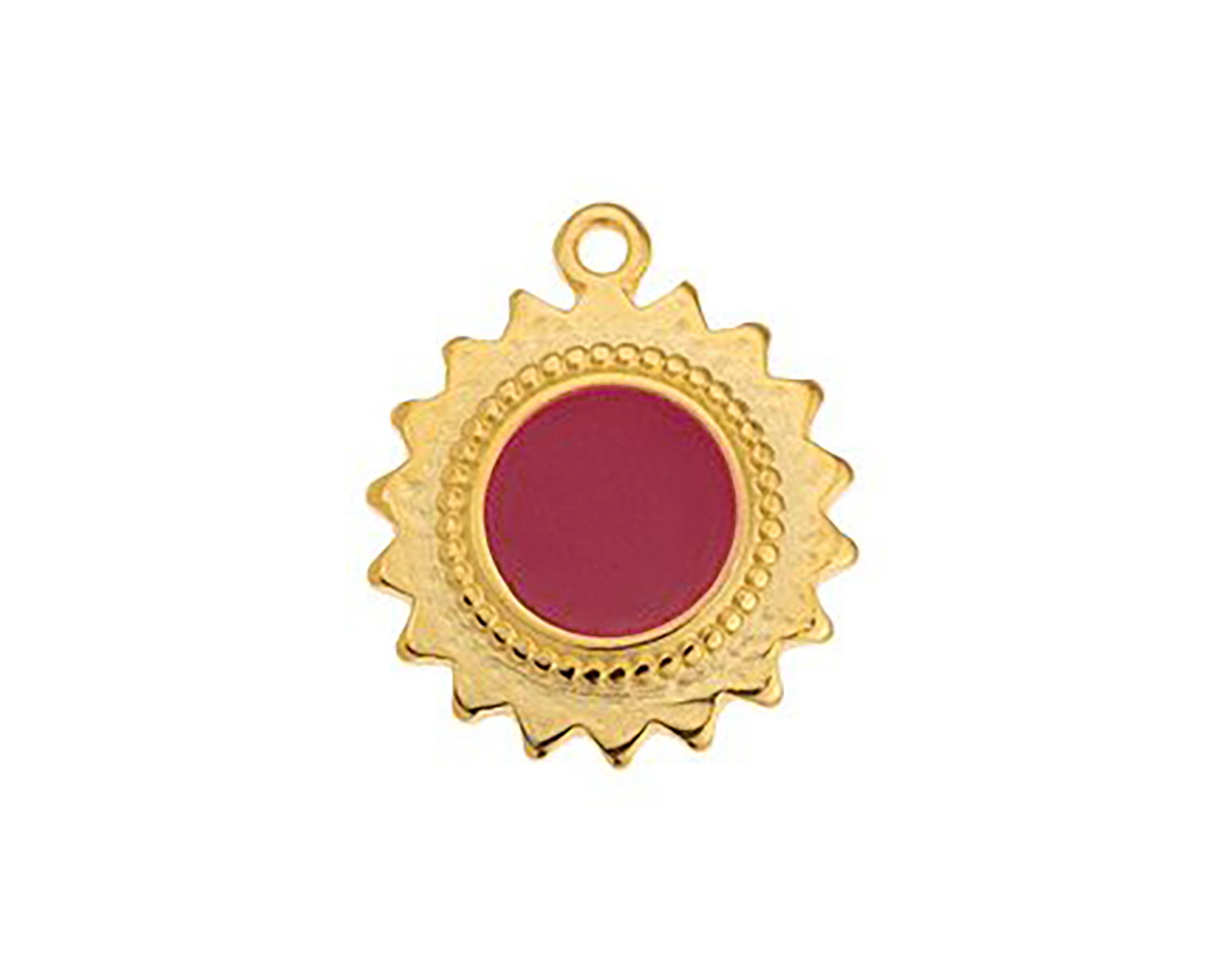 24K Gold (plated) Cranberry Enamel Sun Focal 18x21mm