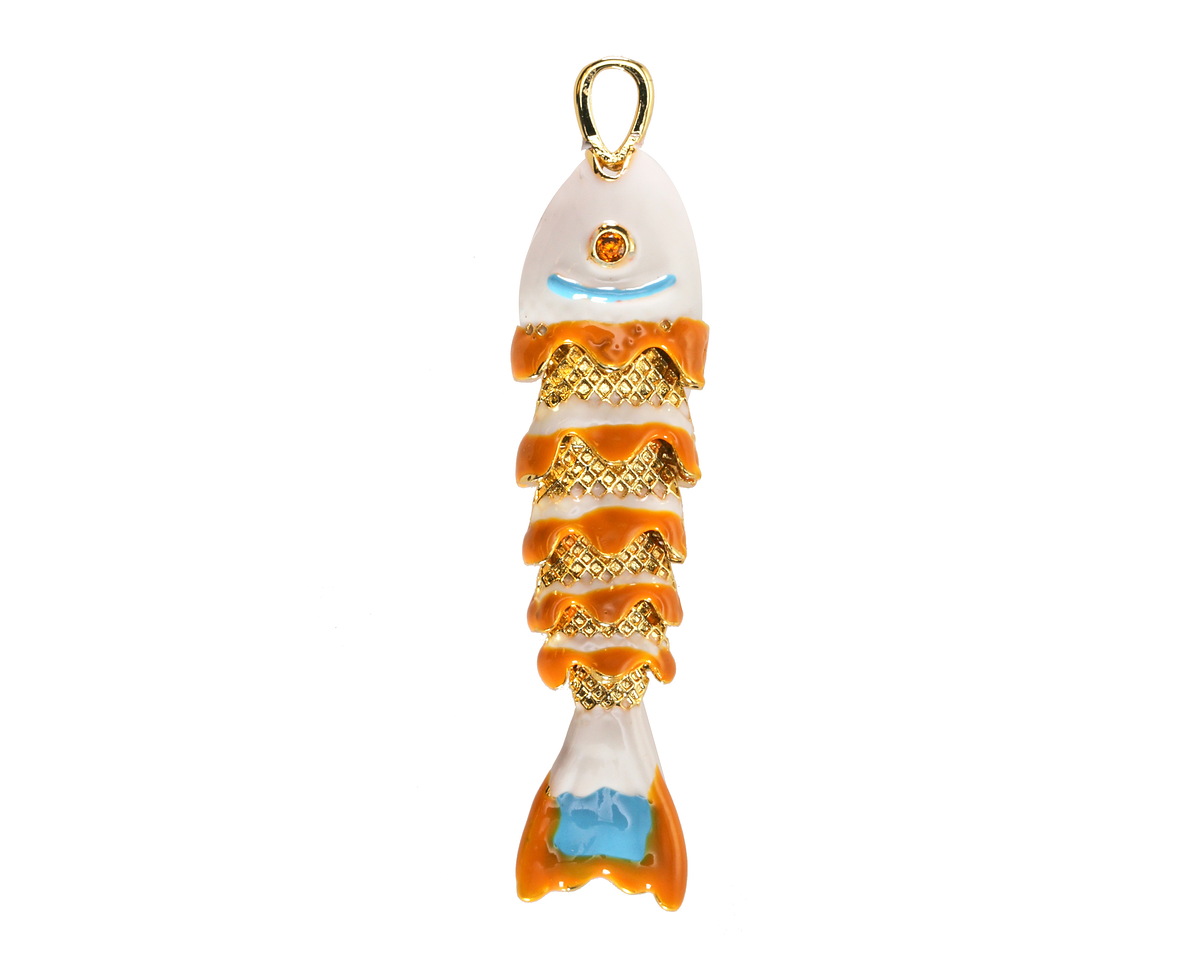 18k Gold (plated) White, Orange, & Aqua Enamel Articulated Fish Focal 10.5x46mm