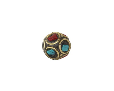 Nepalese Brass Bead w/ Turquoise & Coral Dot Mosaic 9-10mm