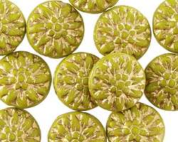 Czech Glass Wasabi w/ Gold Wash Dahlia Coin 15mm