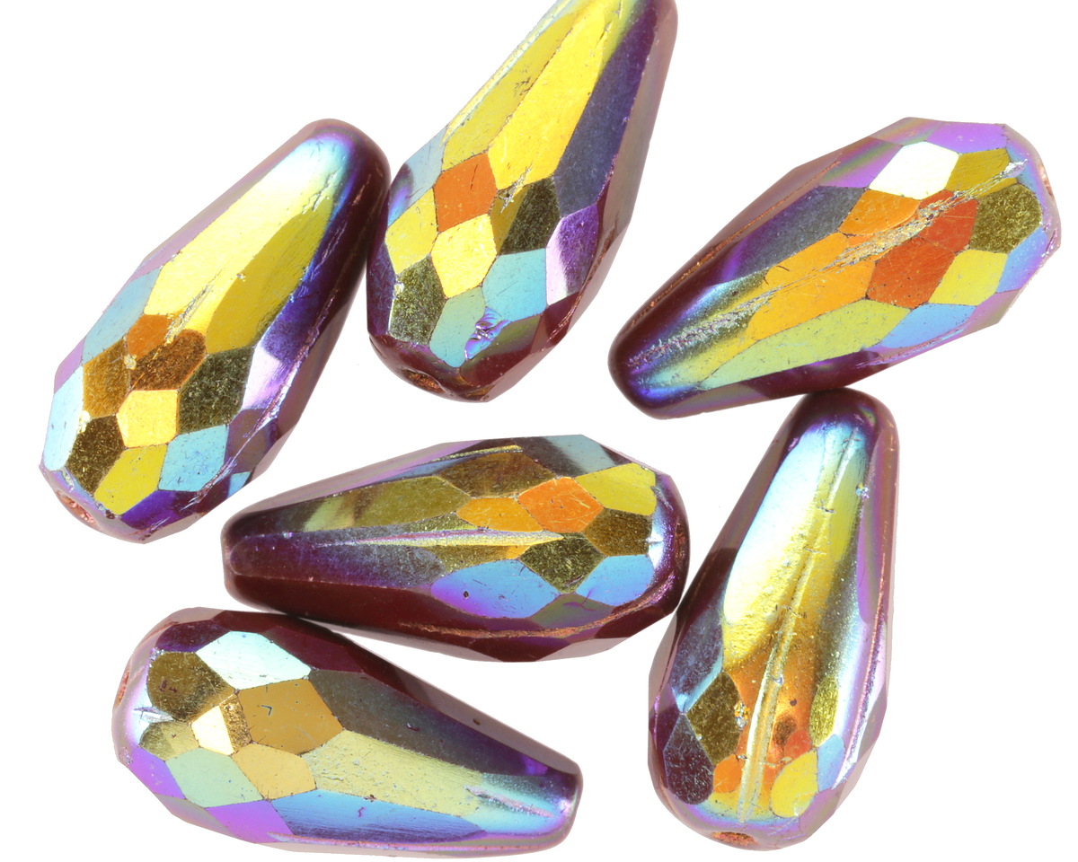 Czech Glass Cranberry AB w/ Copper Faceted Melon Teardrop 23x11mm