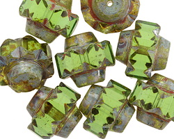 Czech Glass Pine Green Picasso Crown Bead 13x15mm