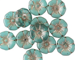 Czech Glass Matte Teal w/ Platinum Hibiscus Coin 12mm