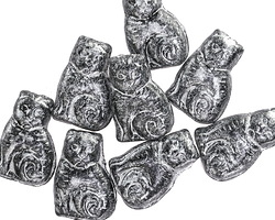 Czech Glass Jet w/ Silver Wash Sitting Cat 17x11mm