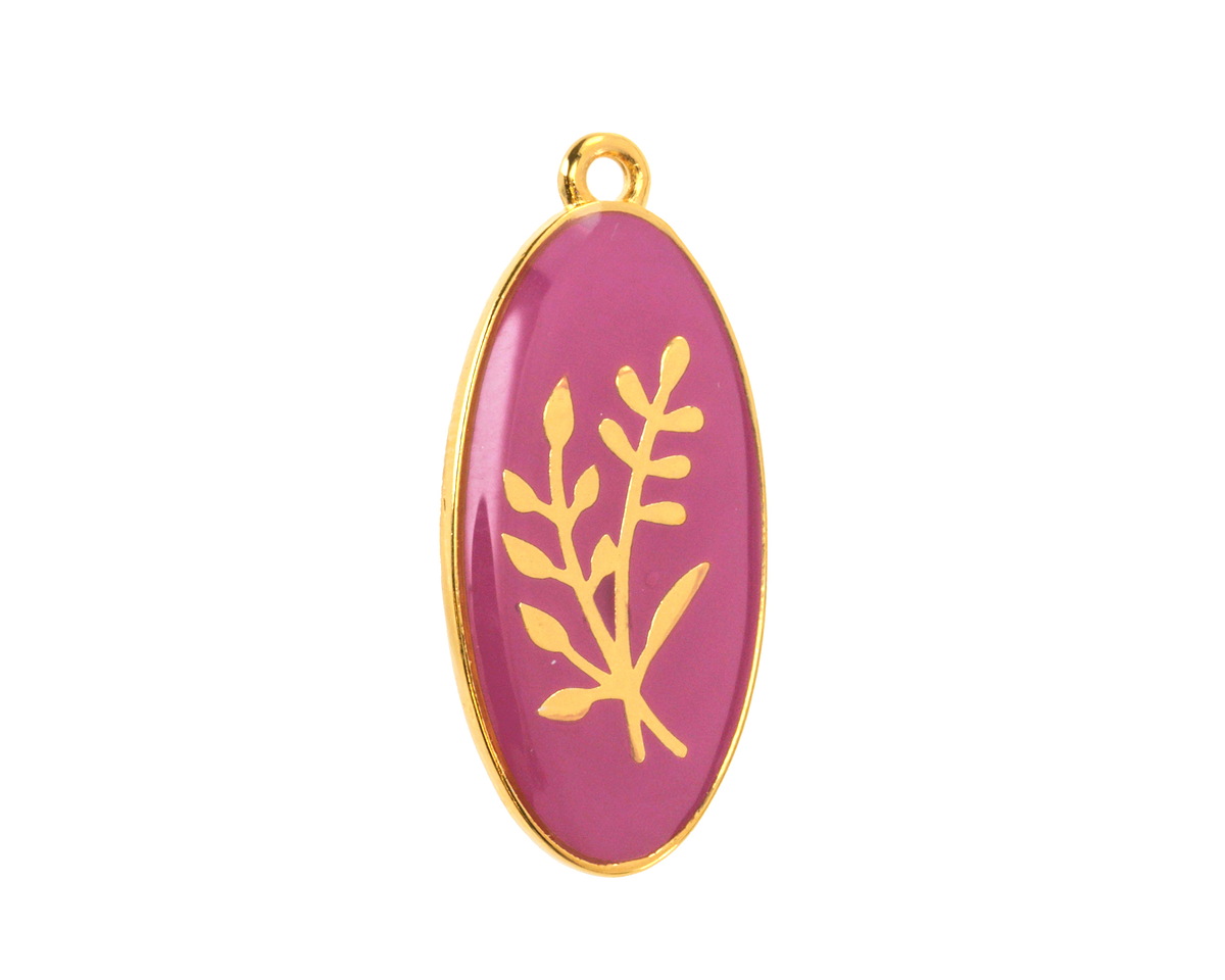 24K Gold (Plated) Berry Enamel w/ Gold Floral Design Focal 13x27mm
