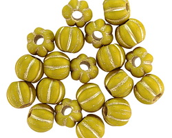 Czech Glass Matte Chartreuse w/ Gold Large Hole Melon Round 8mm