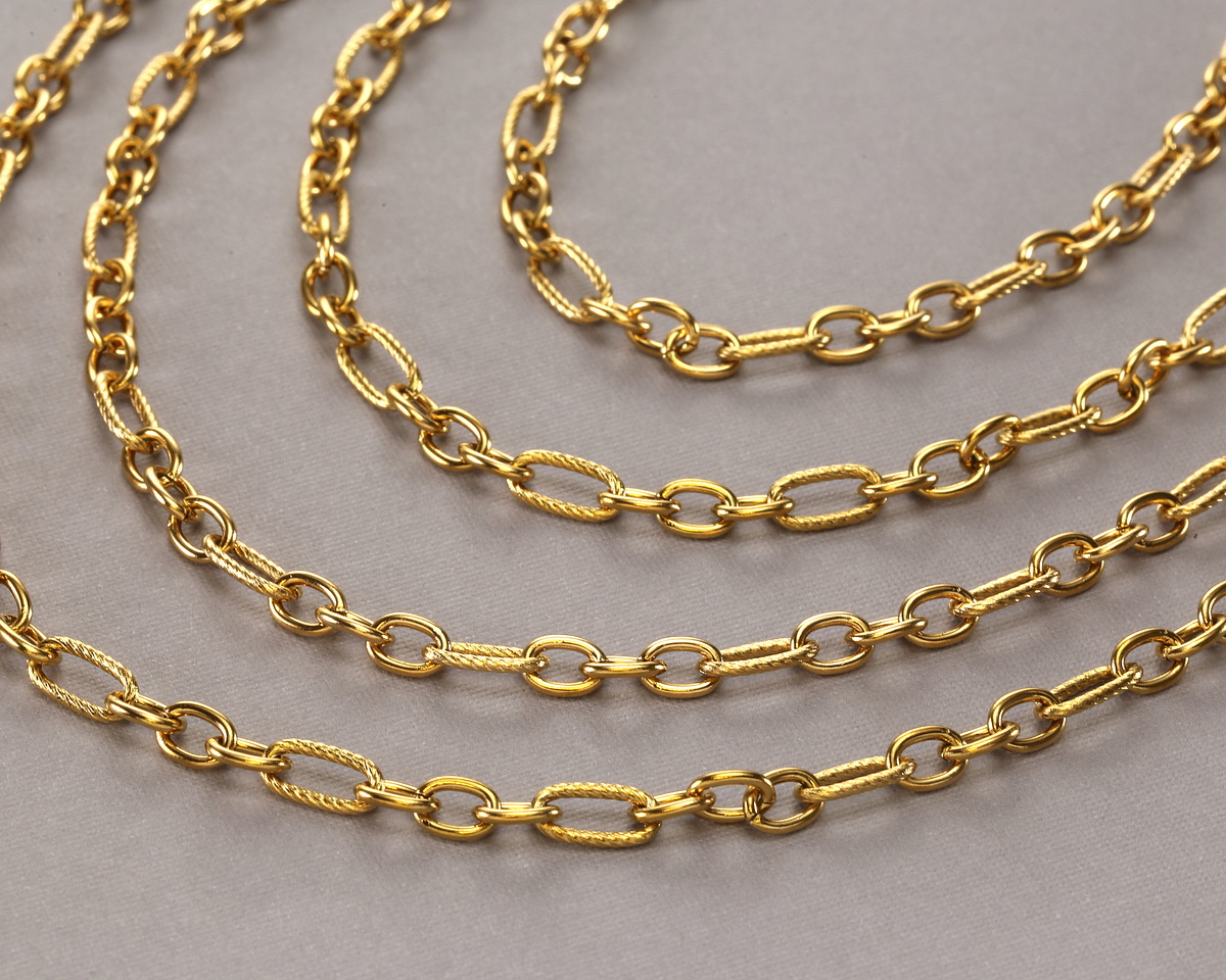 Waterproof 18K Gold PVD Plated Stainless Steel 1:3 Textured Cable Chain, 5' Package