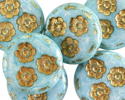Czech Glass Sky Blue w/ Gold Flower Trio Coin Bead 21mm